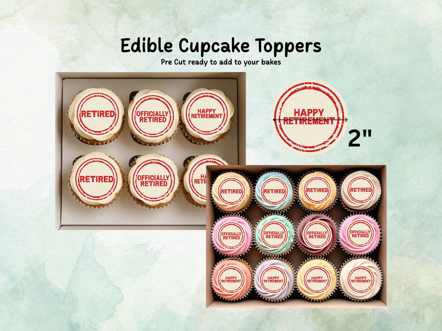 Retirement Edible Cupcake Toppers 12 x 2" Precut Wafer Paper, Card or Icing Sheet
