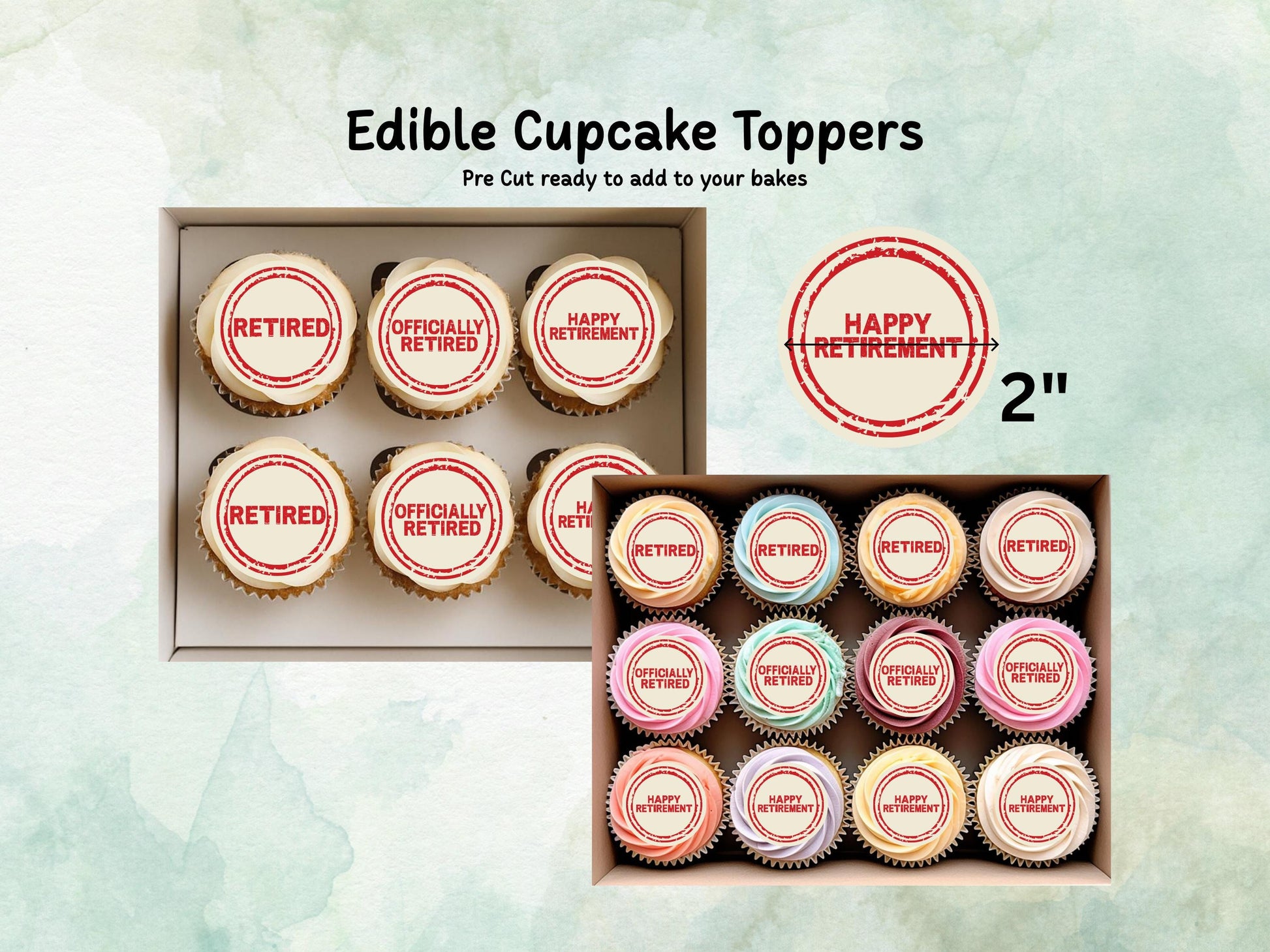 Retirement Edible Cupcake Toppers 12 x 2" Precut Wafer Paper, Card or Icing Sheet