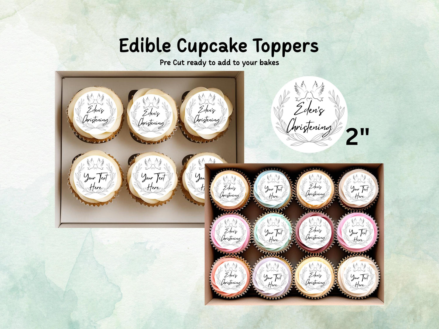 Personalised Edible Cupcake Toppers 12 x 2" – Pre cut Wafer Paper, Card or Icing Sheet, Christening Cake Topper, Baptism Cake Topper