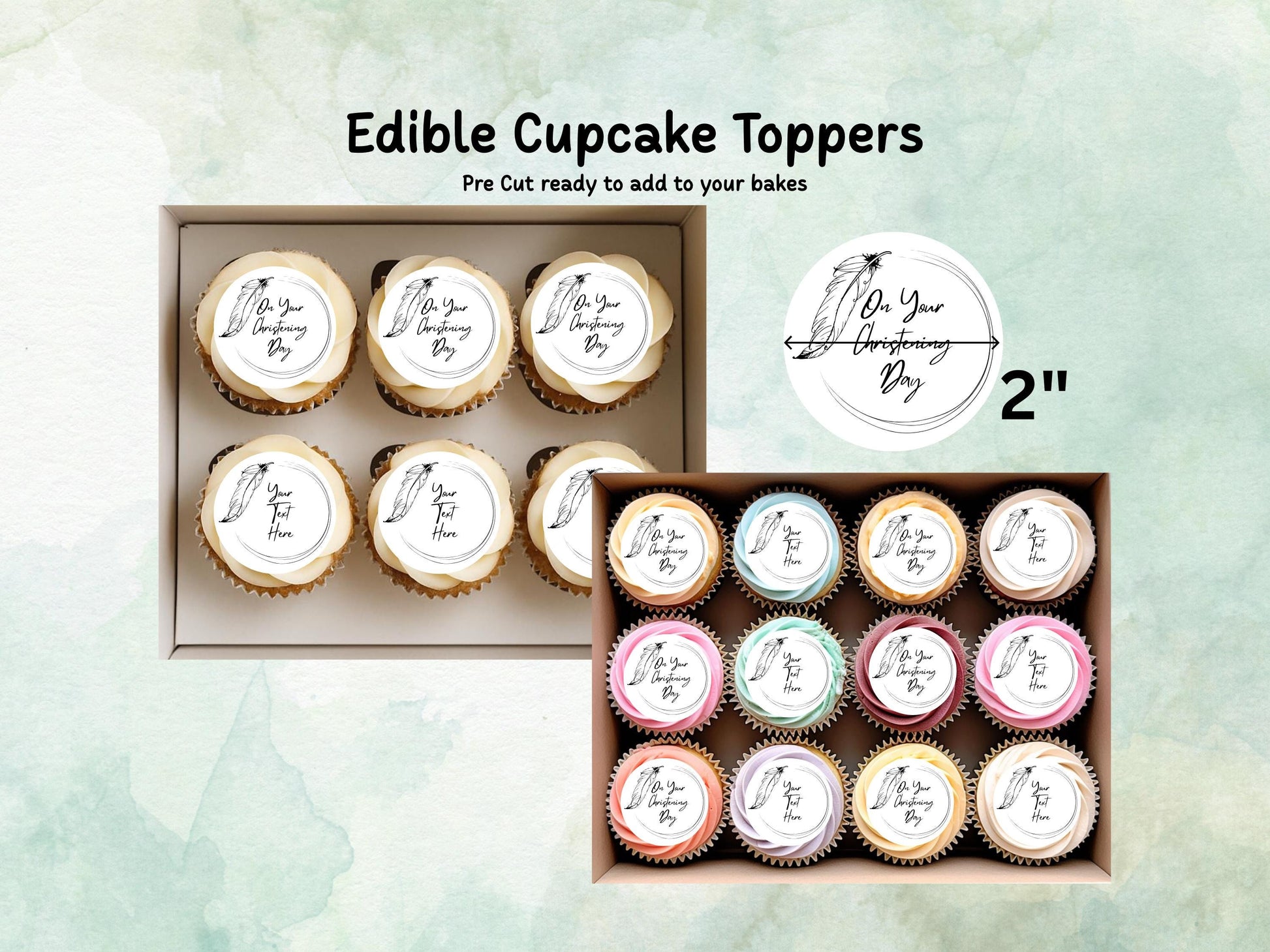 Personalised Edible Cupcake Toppers 12 x 2" – Pre cut Wafer Paper, Card or Icing Sheet, Christening Cake Topper, Baptism Cake Topper