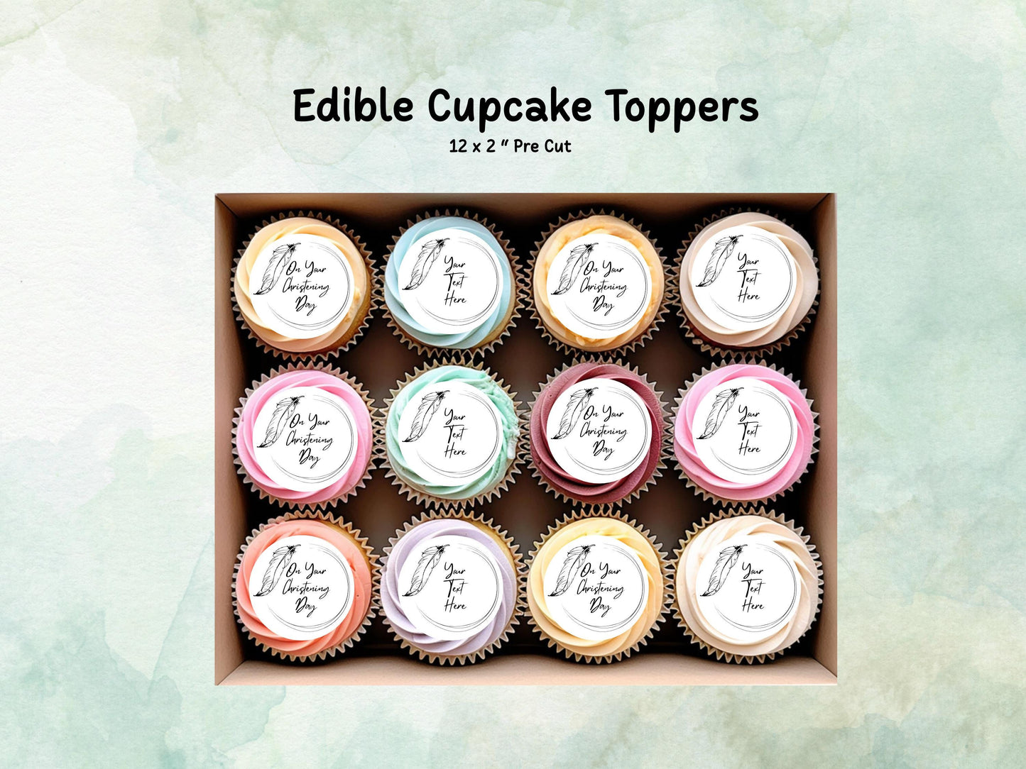 Personalised Edible Cupcake Toppers 12 x 2" – Pre cut Wafer Paper, Card or Icing Sheet, Christening Cake Topper, Baptism Cake Topper