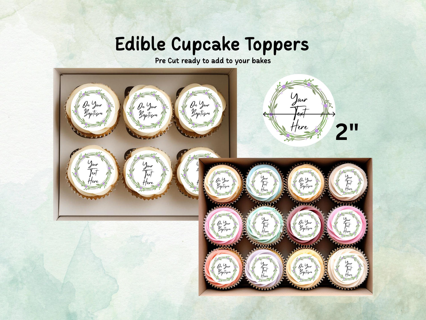 Personalised Edible Cupcake Toppers 12 x 2" – Pre cut Wafer Paper, Card or Icing Sheet, Christening Cake Topper, Baptism Cake Topper