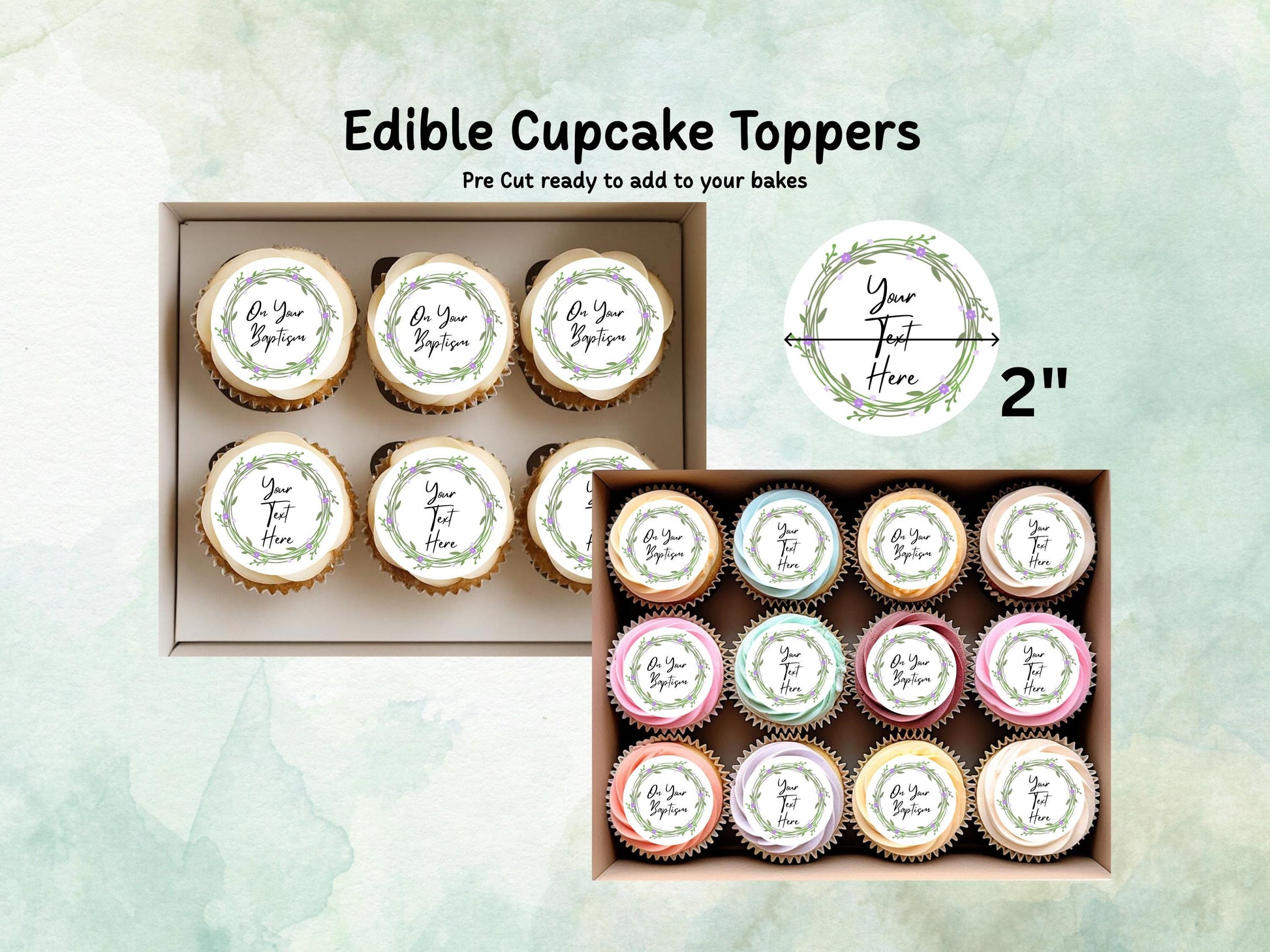 Personalised Edible Cupcake Toppers 12 x 2" – Pre cut Wafer Paper, Card or Icing Sheet, Christening Cake Topper, Baptism Cake Topper