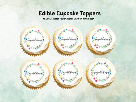 Congratulations Edible Cupcake Toppers 12 x 2" – Pre cut Wafer Paper, Card or Icing Sheet, Engagement Cake Topper, Well Done Cake Topper