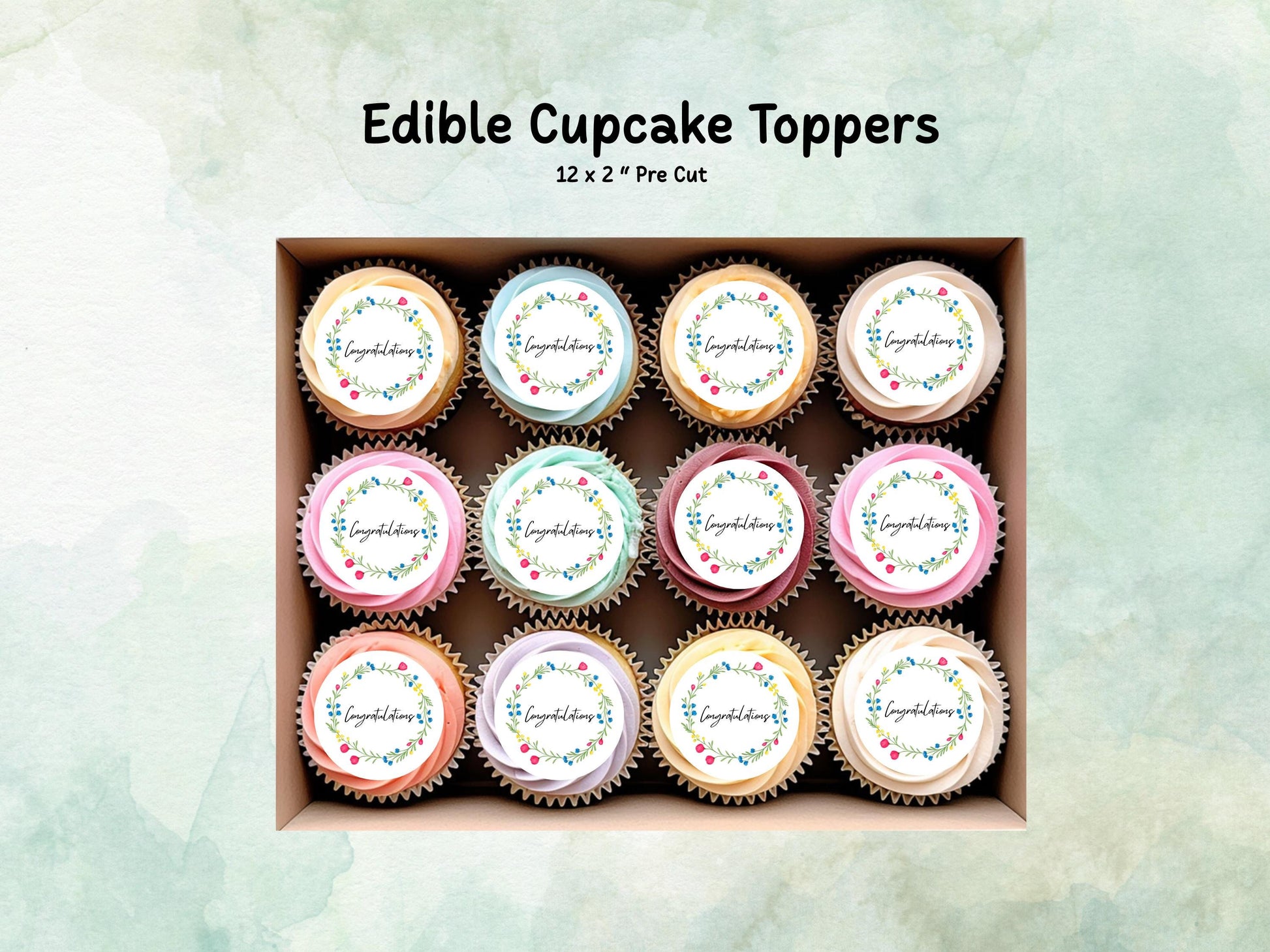 Congratulations Edible Cupcake Toppers 12 x 2" – Pre cut Wafer Paper, Card or Icing Sheet, Engagement Cake Topper, Well Done Cake Topper