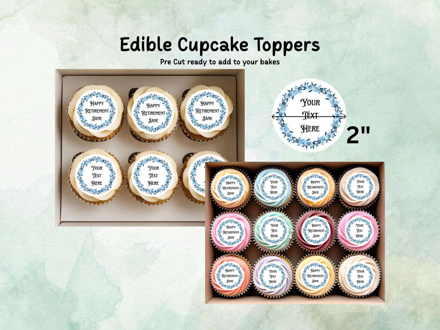 Personalised Retirement Edible Cupcake Toppers 12 x 2" Precut Wafer Paper, Card or Icing Sheet