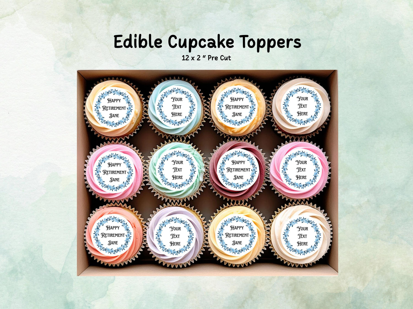 Personalised Retirement Edible Cupcake Toppers 12 x 2" Precut Wafer Paper, Card or Icing Sheet
