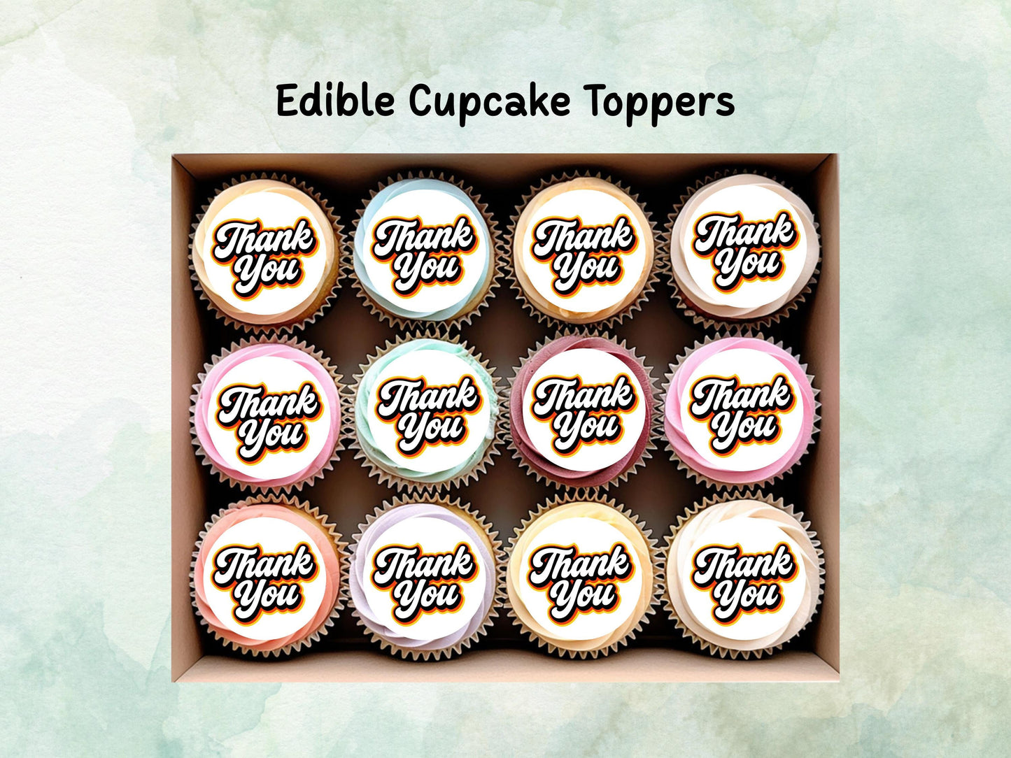 Thank You Edible Cupcake Toppers 12 x 2"– Pre cut Wafer Paper, Card or Icing Sheet, Cookies, Cake