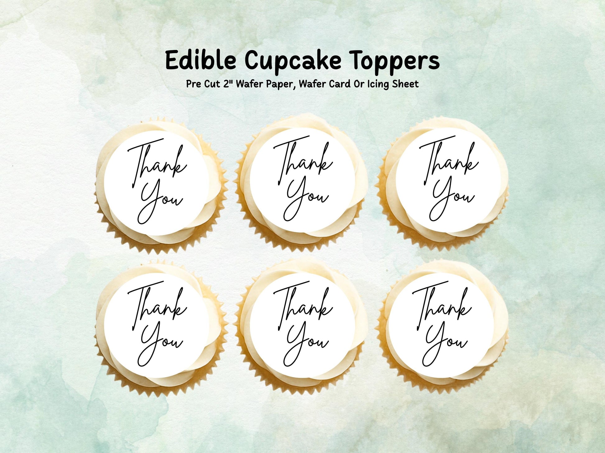 Thank You Edible Cupcake Toppers 12 x 2"– Pre cut Wafer Paper, Card or Icing Sheet, Elegant Thank You Cake Decoration