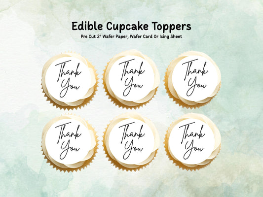Thank You Edible Cupcake Toppers 12 x 2"– Pre cut Wafer Paper, Card or Icing Sheet, Elegant Thank You Cake Decoration