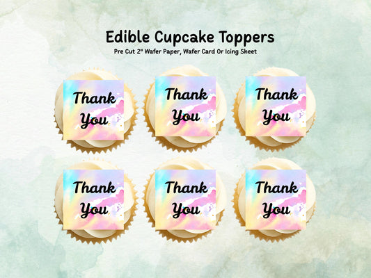 Thank You Edible Cupcake Toppers 12 x 2"– Pre cut Wafer Paper, Card or Icing Sheet, Rainbow Thank You Cake Decoration