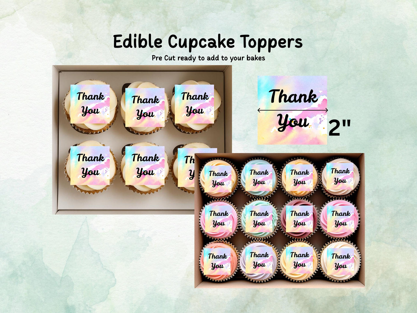 Thank You Edible Cupcake Toppers 12 x 2"– Pre cut Wafer Paper, Card or Icing Sheet, Rainbow Thank You Cake Decoration