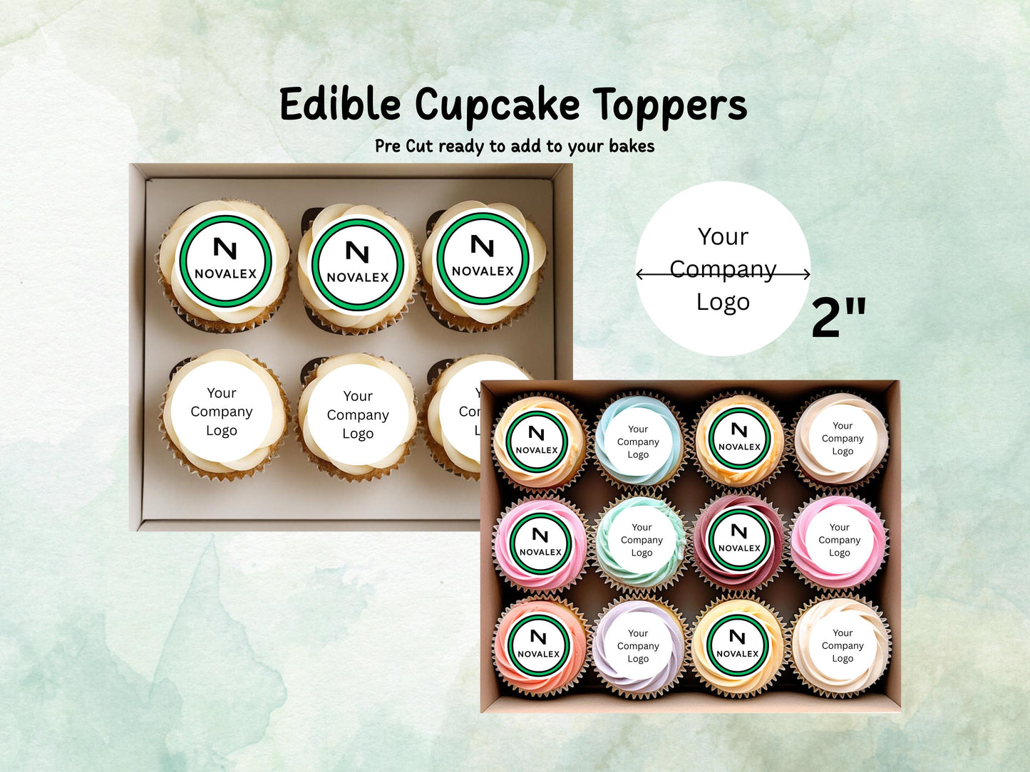 Company Logo Edible Cupcake Toppers 12 x 2" Pre cut Wafer Paper, Card or Icing Sheet, Personalised Image