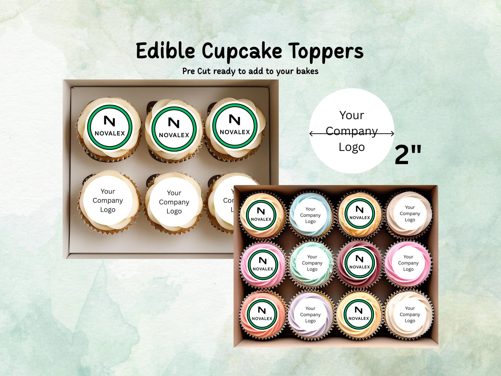Company Logo Edible Cupcake Toppers 12 x 2" Pre cut Wafer Paper, Card or Icing Sheet, Personalised Image