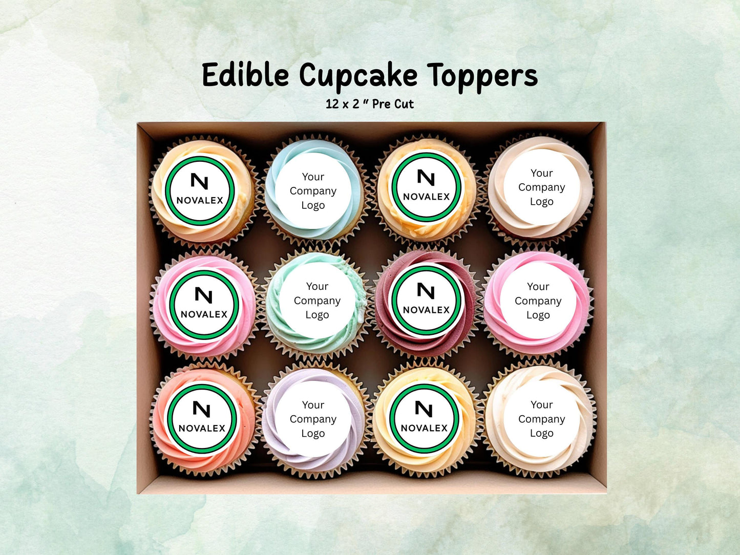 Company Logo Edible Cupcake Toppers 12 x 2" Pre cut Wafer Paper, Card or Icing Sheet, Personalised Image