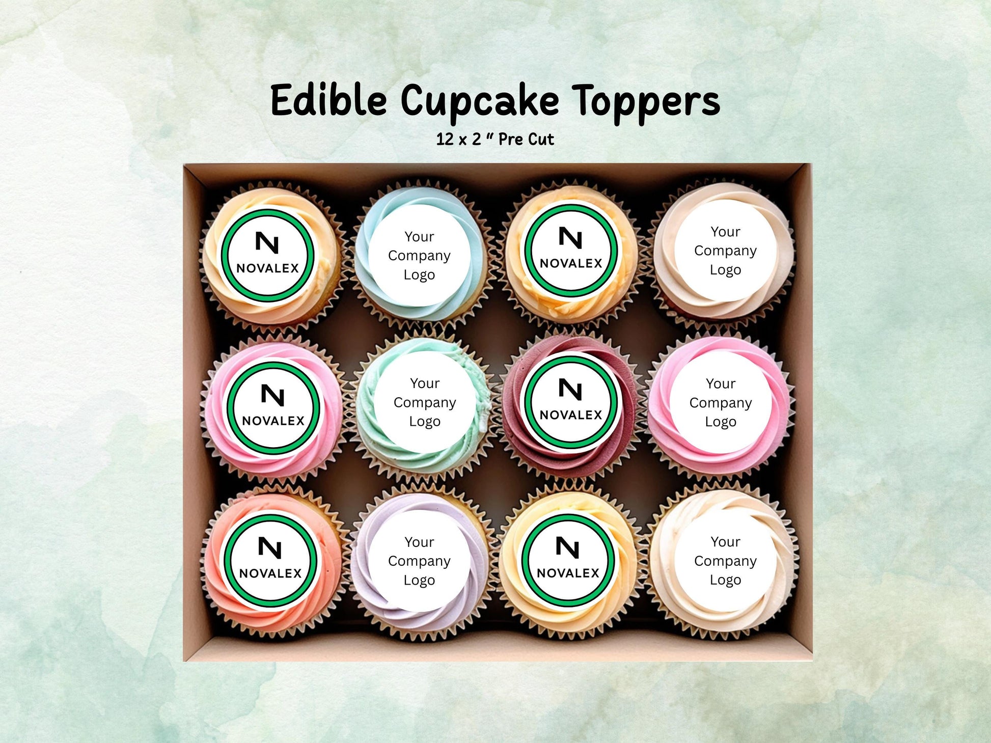 Company Logo Edible Cupcake Toppers 12 x 2" Pre cut Wafer Paper, Card or Icing Sheet, Personalised Image