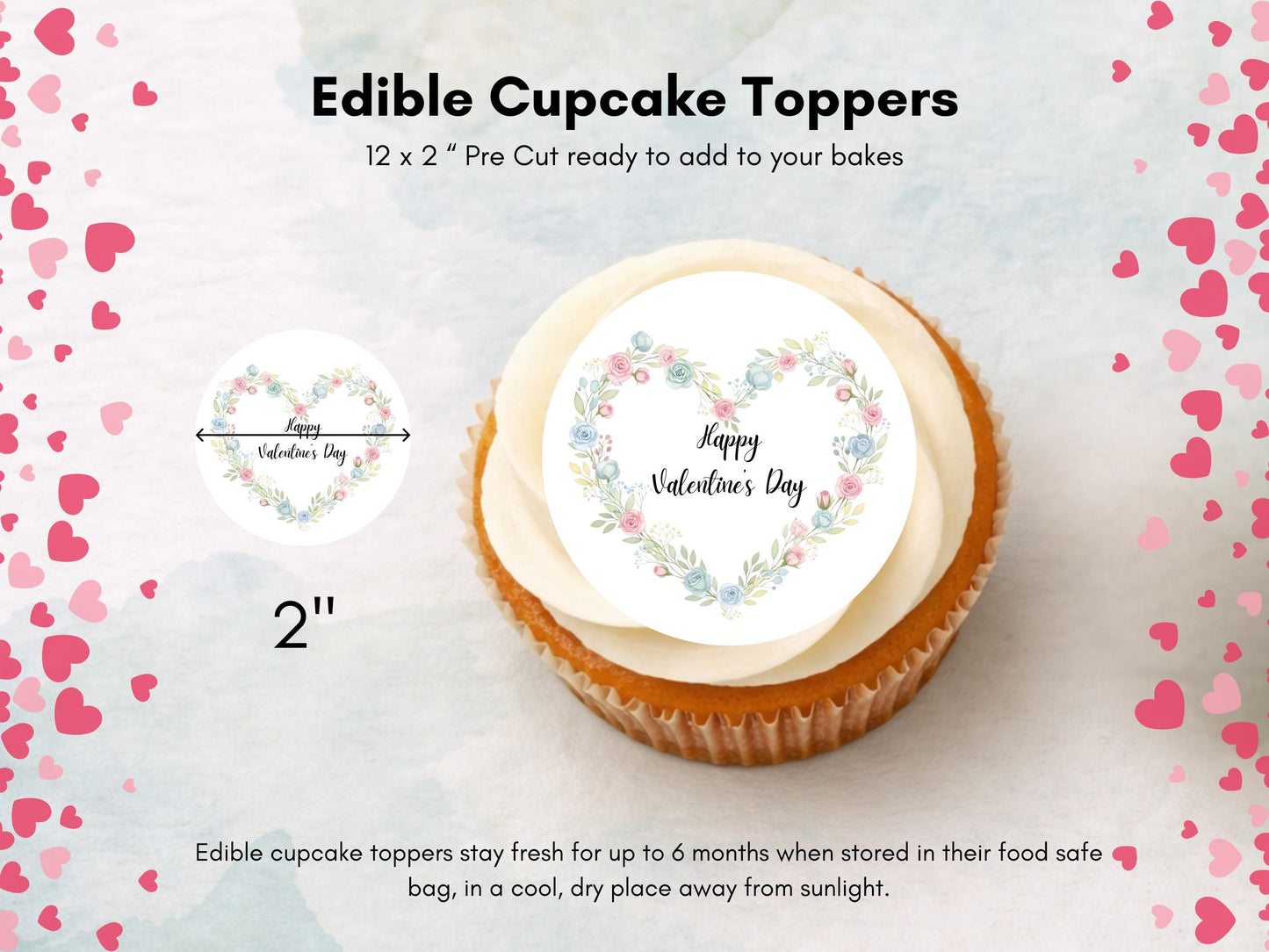 Happy Valentines Day Floral Heart Edible Cupcake Toppers 12 x 2"