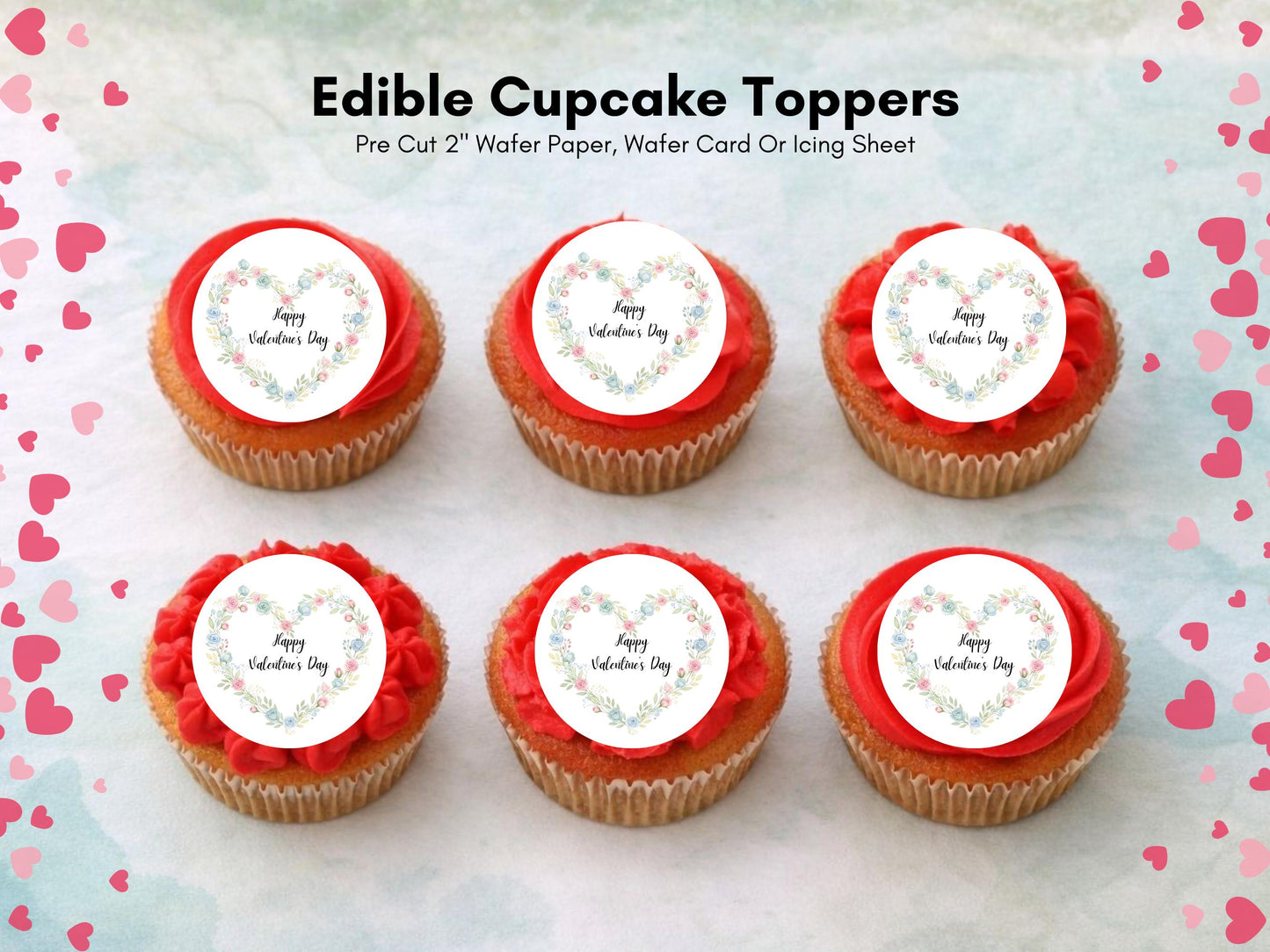 Happy Valentines Day Floral Heart Edible Cupcake Toppers 12 x 2"