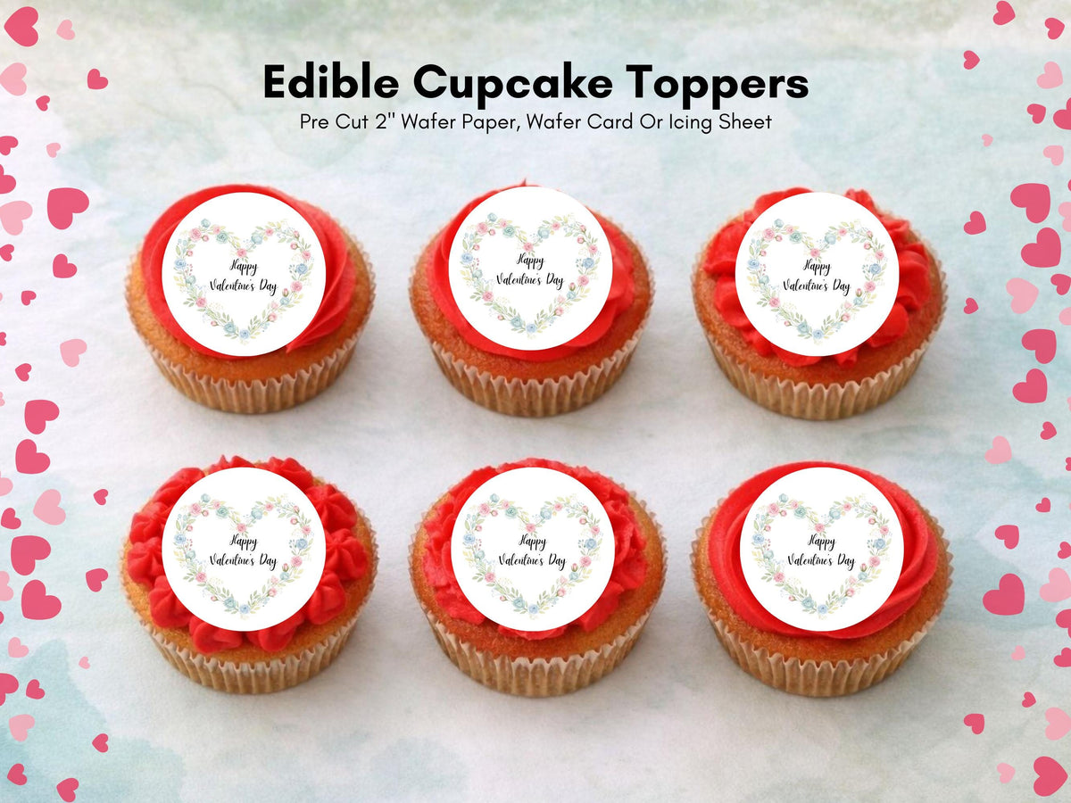 Happy Valentines Day Floral Heart Edible Cupcake Toppers 12 x 2"