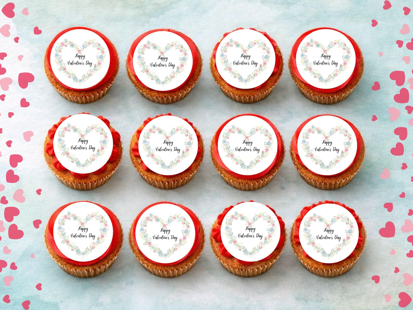 Happy Valentines Day Floral Heart Edible Cupcake Toppers 12 x 2"
