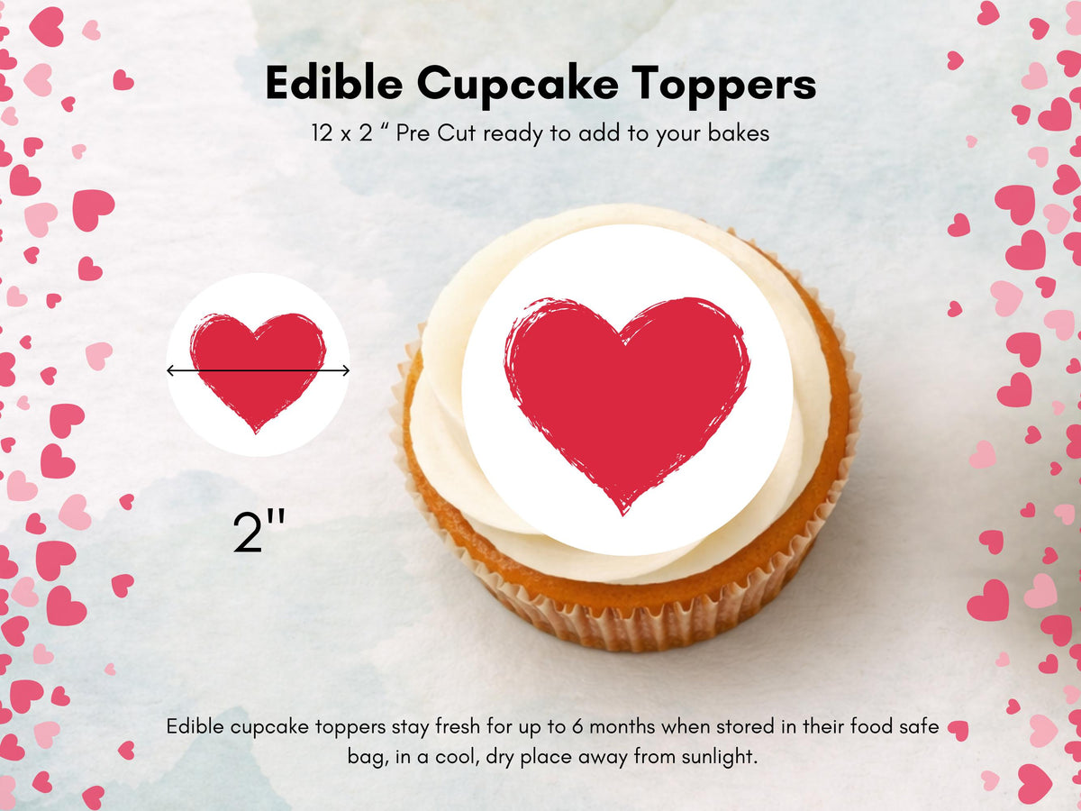 Love Heart Edible Cupcake Toppers 12 x 2", Valentines Day Cake Topper