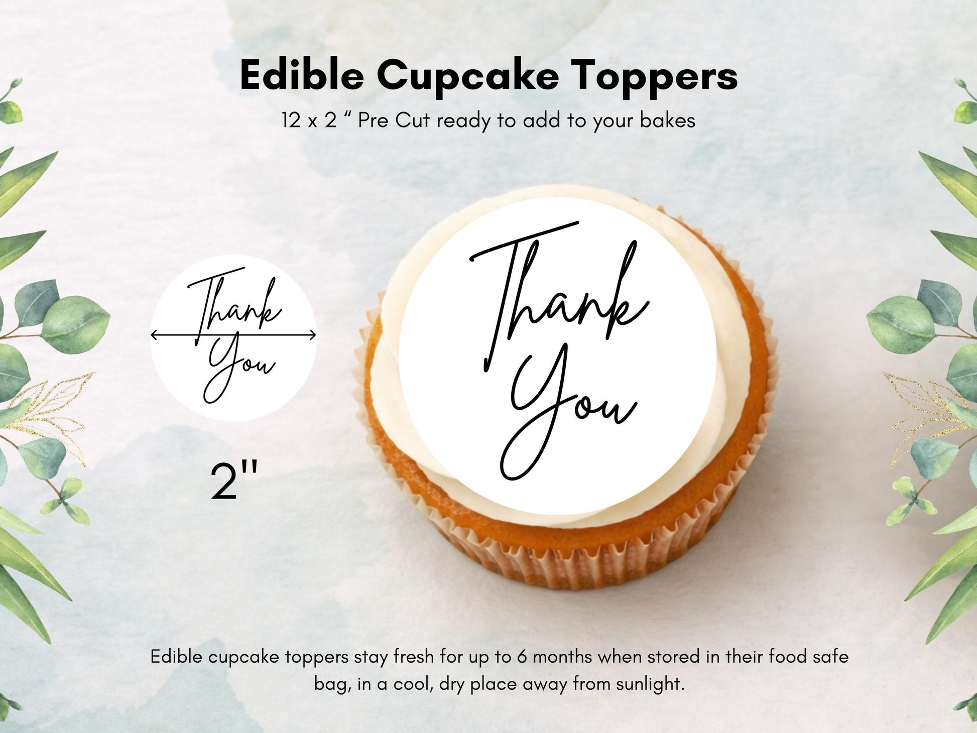 Thank You Edible Cupcake Toppers – 2" Wafer Paper, Card, or Icing (Pre-Cut)