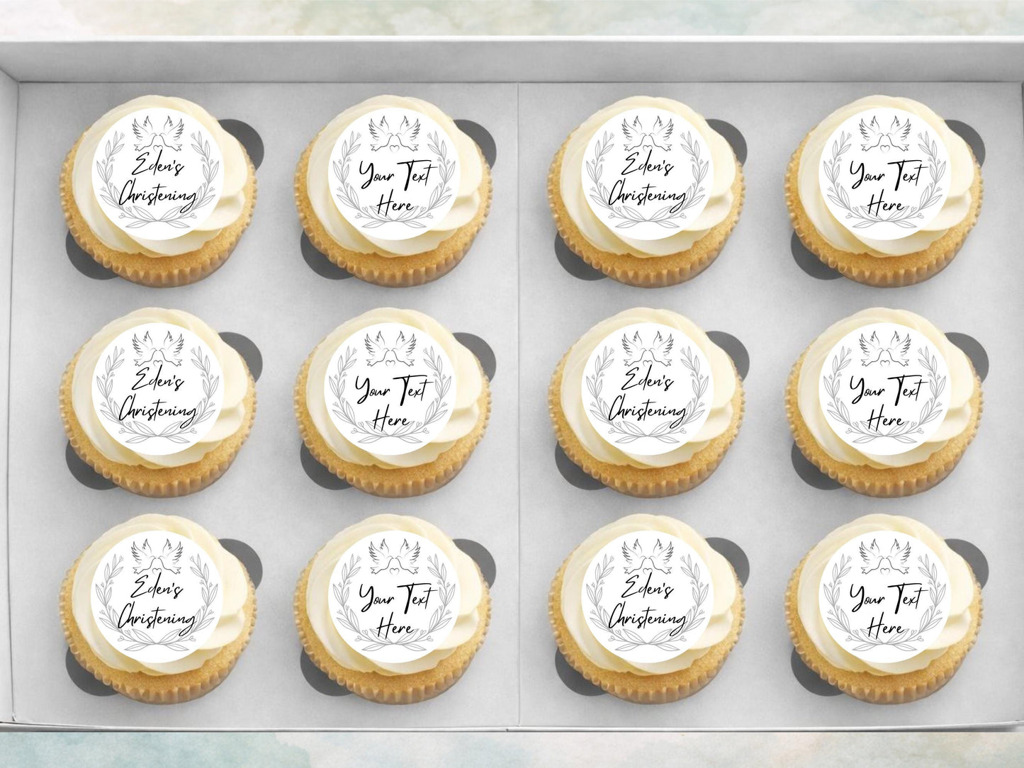 Personalized Christening Edible Cupcake Toppers – Wafer, Card, or Icing