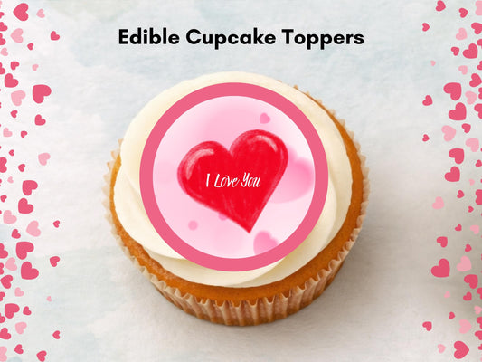 Heart Valentines Day Edible Cupcake Toppers, I Love You Valentine Toppers
