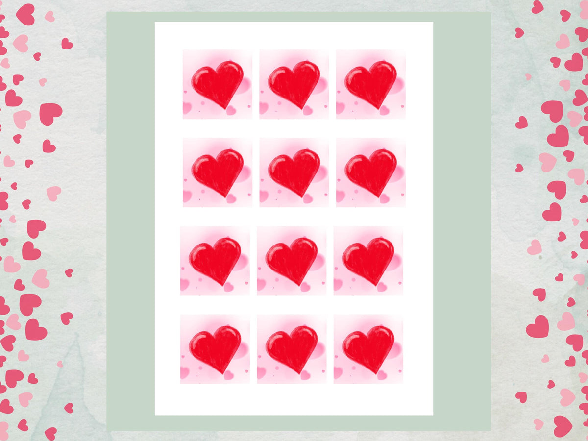 Love Heart Edible Cupcake Toppers 12 x 2" Squares, Valentines Cake Topper