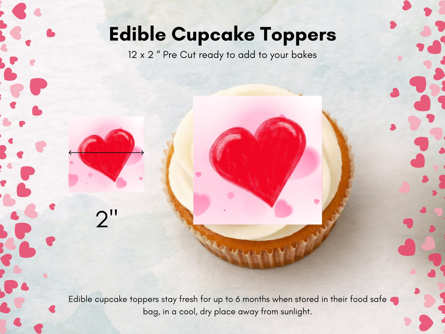 Love Heart Edible Cupcake Toppers 12 x 2" Squares, Valentines Cake Topper