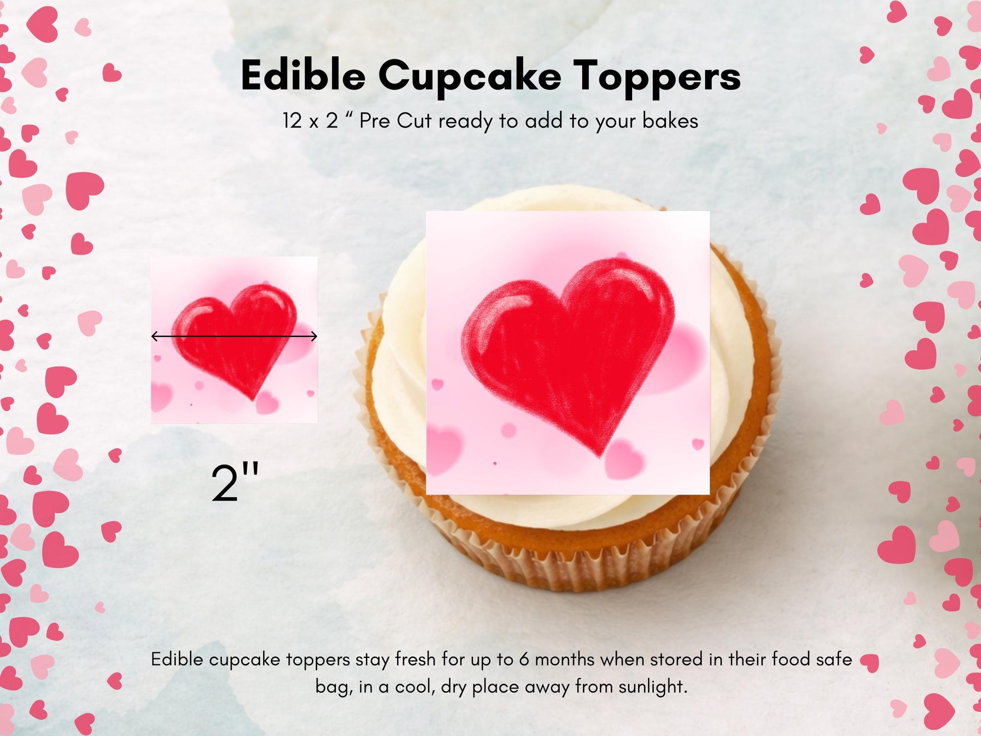 Love Heart Edible Cupcake Toppers 12 x 2" Squares, Valentines Cake Topper