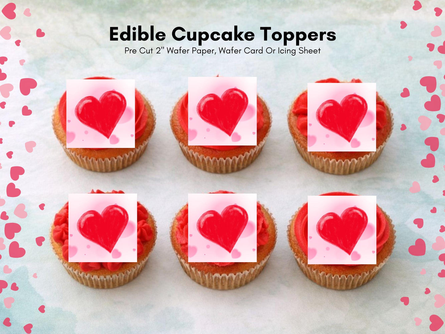Love Heart Edible Cupcake Toppers 12 x 2" Squares, Valentines Cake Topper