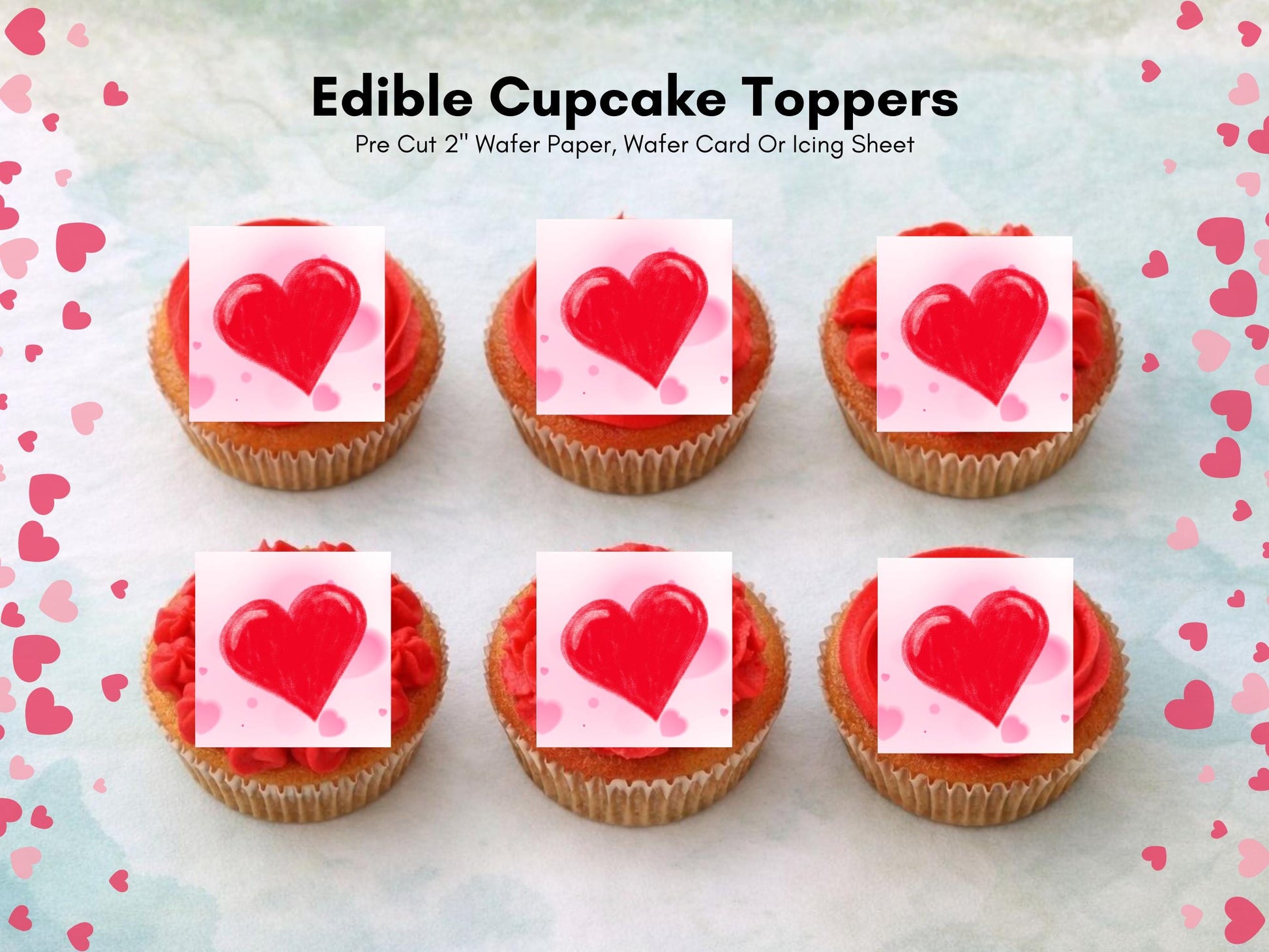 Love Heart Edible Cupcake Toppers 12 x 2" Squares, Valentines Cake Topper