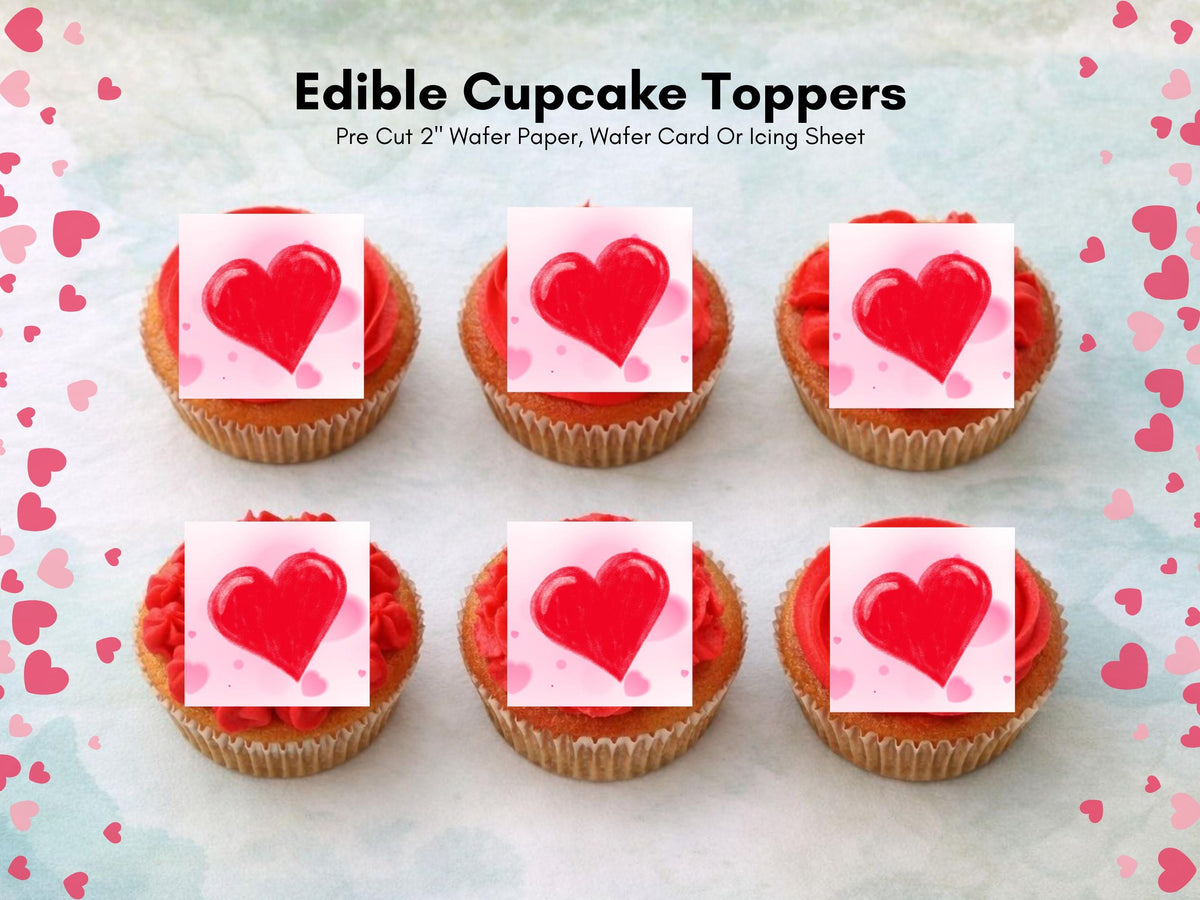 Love Heart Edible Cupcake Toppers 12 x 2" Squares, Valentines Cake Topper