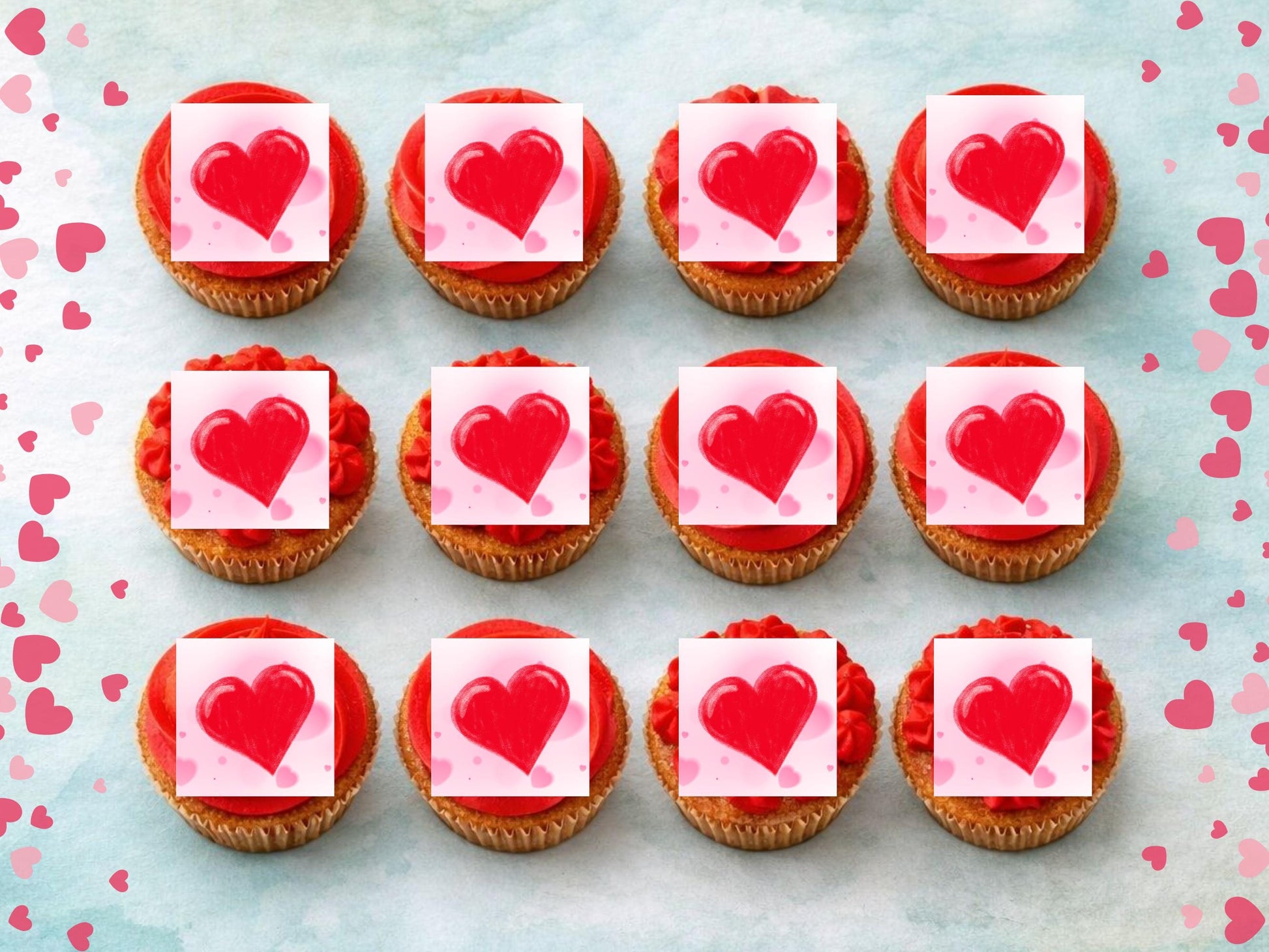 Love Heart Edible Cupcake Toppers 12 x 2" Squares, Valentines Cake Topper