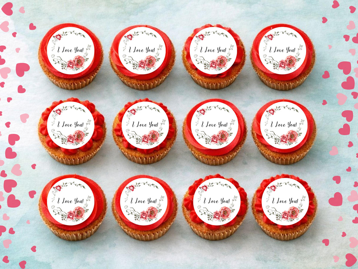 I Love You Edible Cupcake Toppers 12 x 2", Valentine's Day Cake Toppers