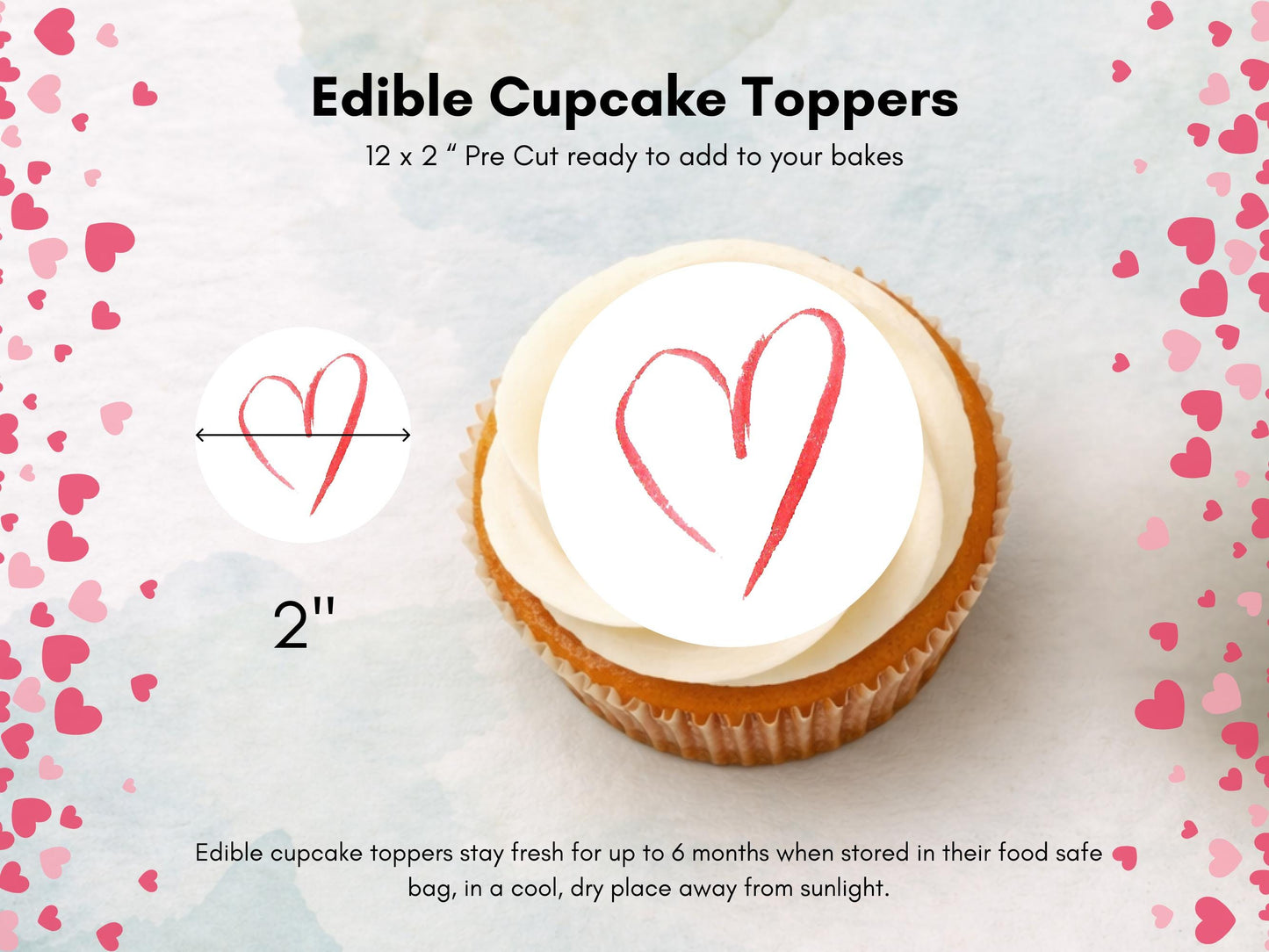 Love Heart Edible Cupcake Toppers 12 x 2", Valentines Cake Topper