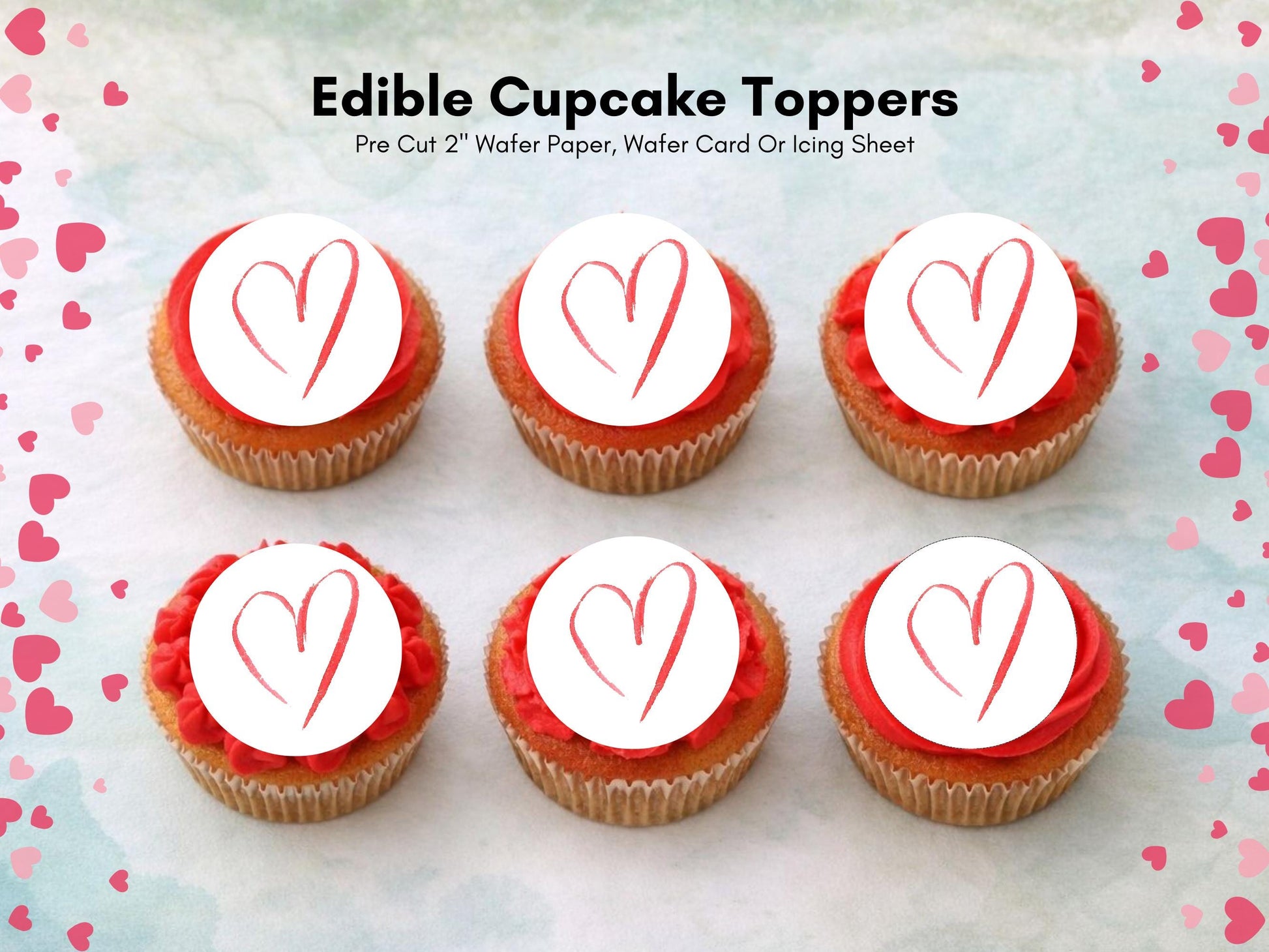 Love Heart Edible Cupcake Toppers 12 x 2", Valentines Cake Topper