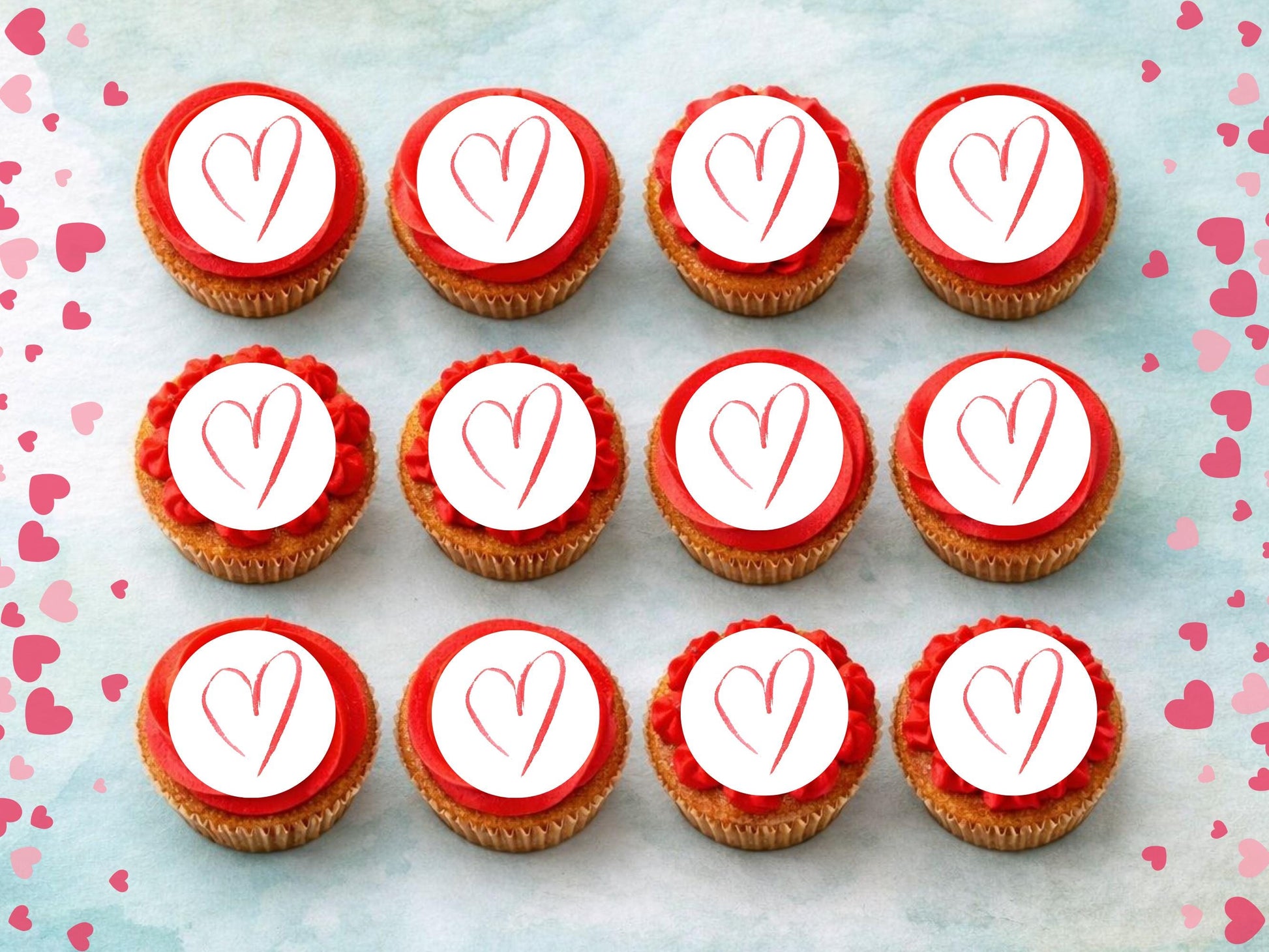 Love Heart Edible Cupcake Toppers 12 x 2", Valentines Cake Topper