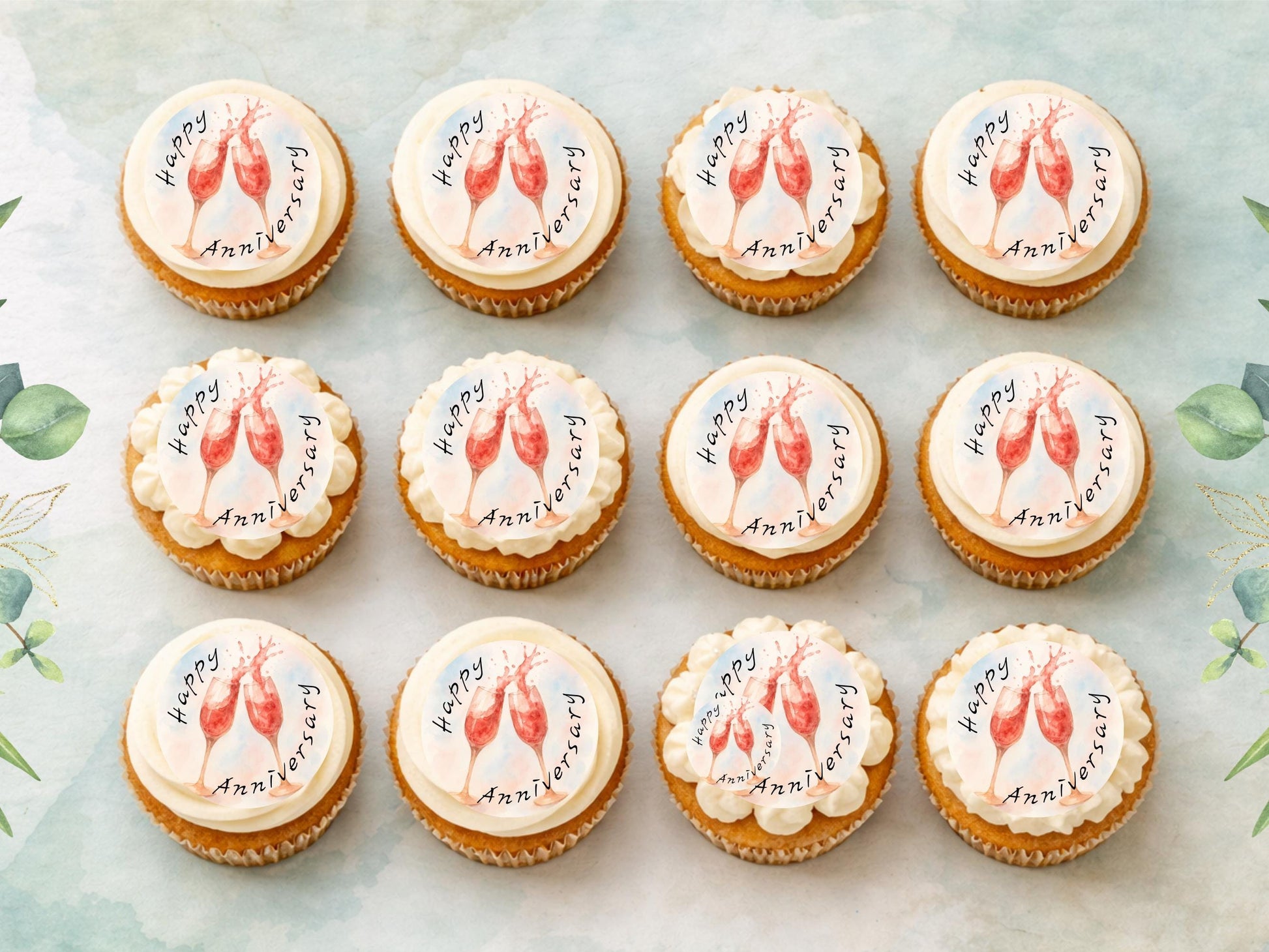 Happy Anniversary Edible Cupcake Toppers – Pre-Cut 2" (Wafer Paper, Card or Icing Sheet)