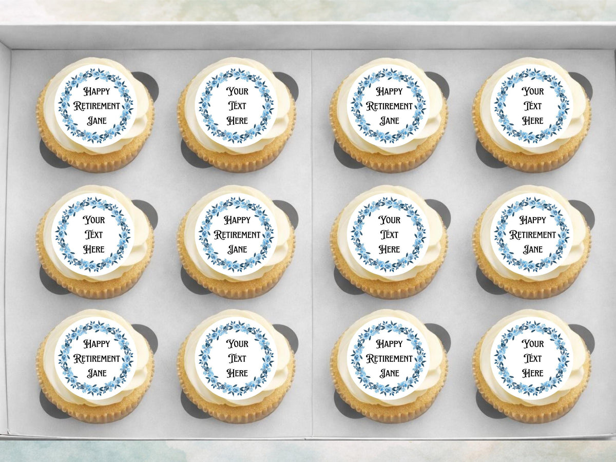 Personalised Retirement Edible Cupcake Toppers, 12 x 2" (Wafer Paper, Card, or Icing Sheet)