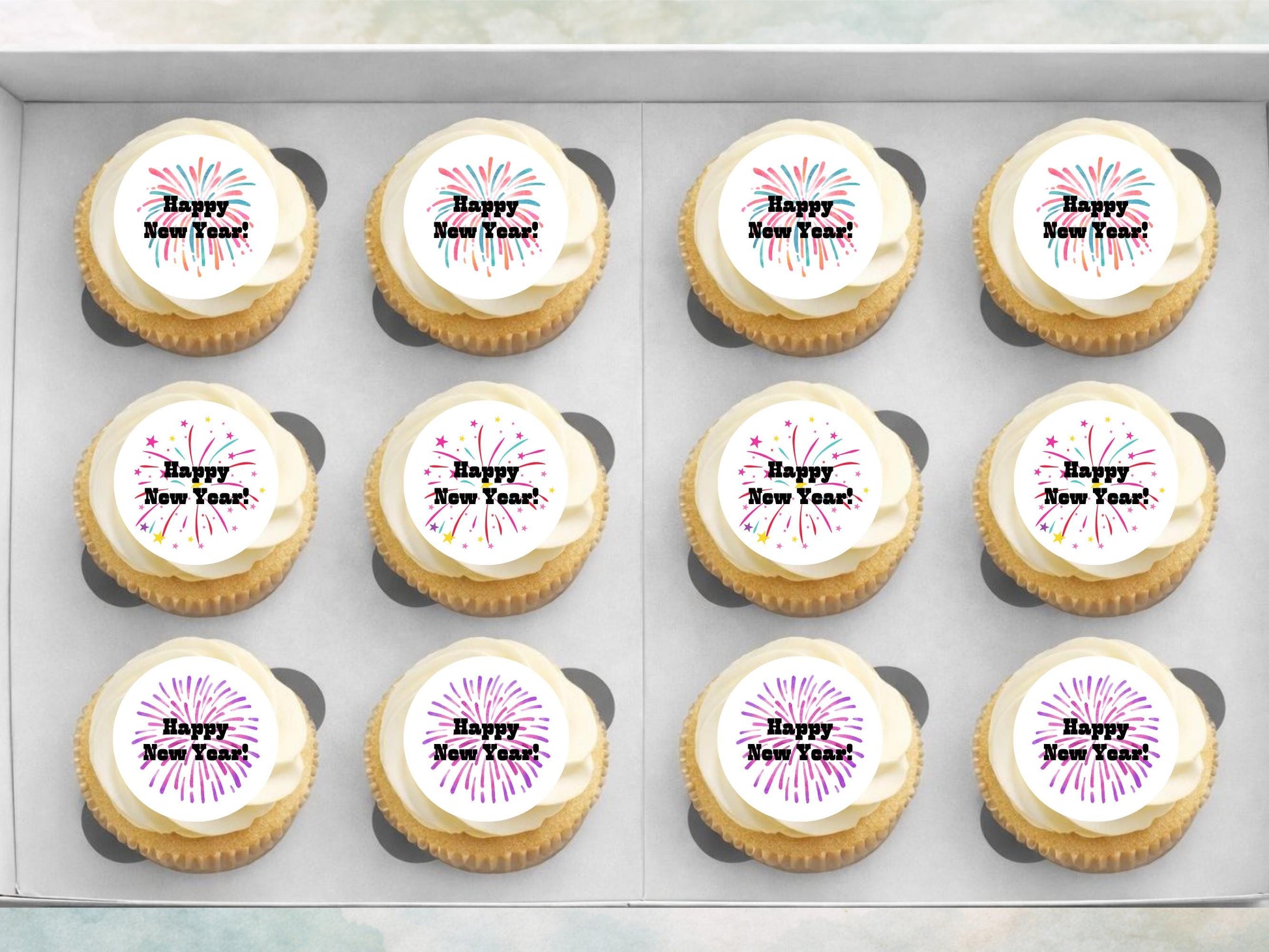 Happy New Year Edible Cupcake Toppers – Pre-Cut 2" (Wafer Paper, Card, Icing Sheet)