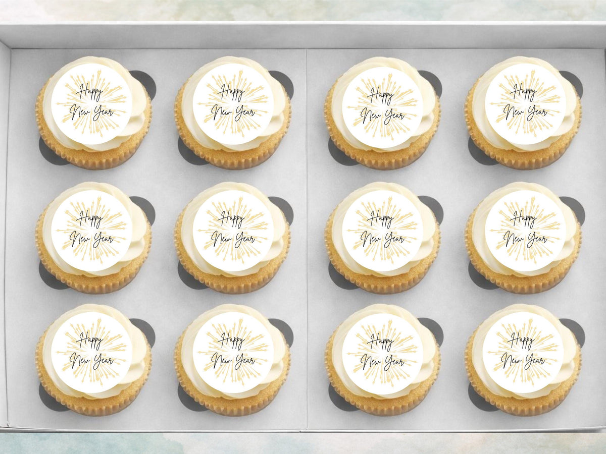 Happy New Year Edible Cupcake Toppers – Pre-Cut 2" (Wafer Paper, Card, Icing Sheet)