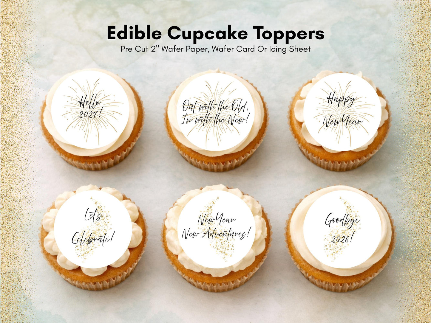 Happy New Year Edible Cupcake Toppers – Pre-Cut 2" (Wafer Paper, Card or Icing Sheet)