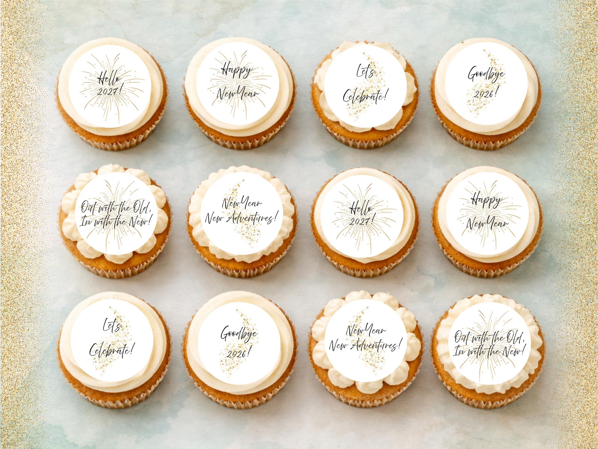 Happy New Year Edible Cupcake Toppers – Pre-Cut 2" (Wafer Paper, Card or Icing Sheet)