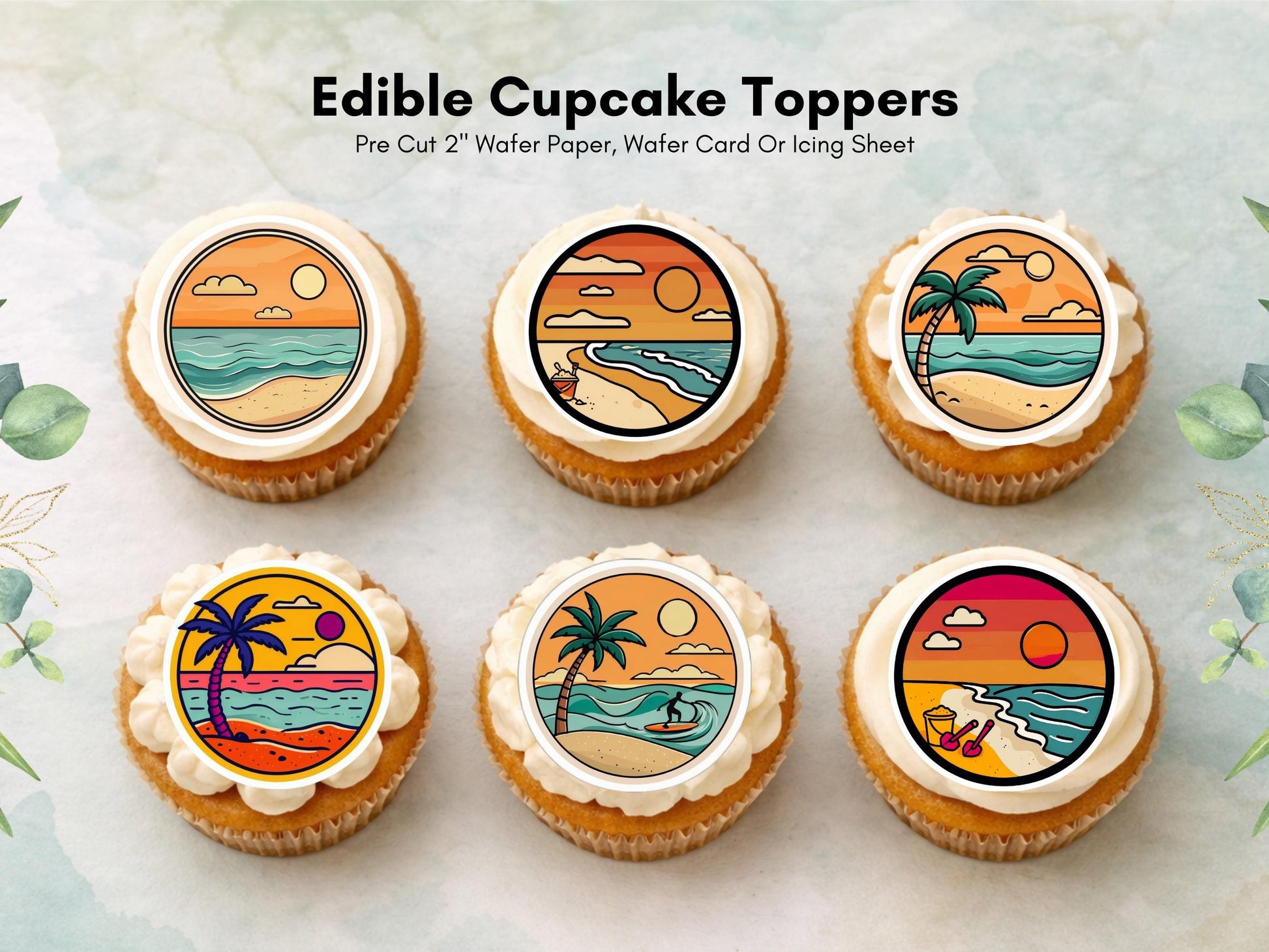 Tropical Beach Edible Cupcake Toppers – Coastal Cake Images
