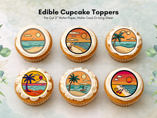 Tropical Beach Edible Cupcake Toppers – Coastal Cake Images