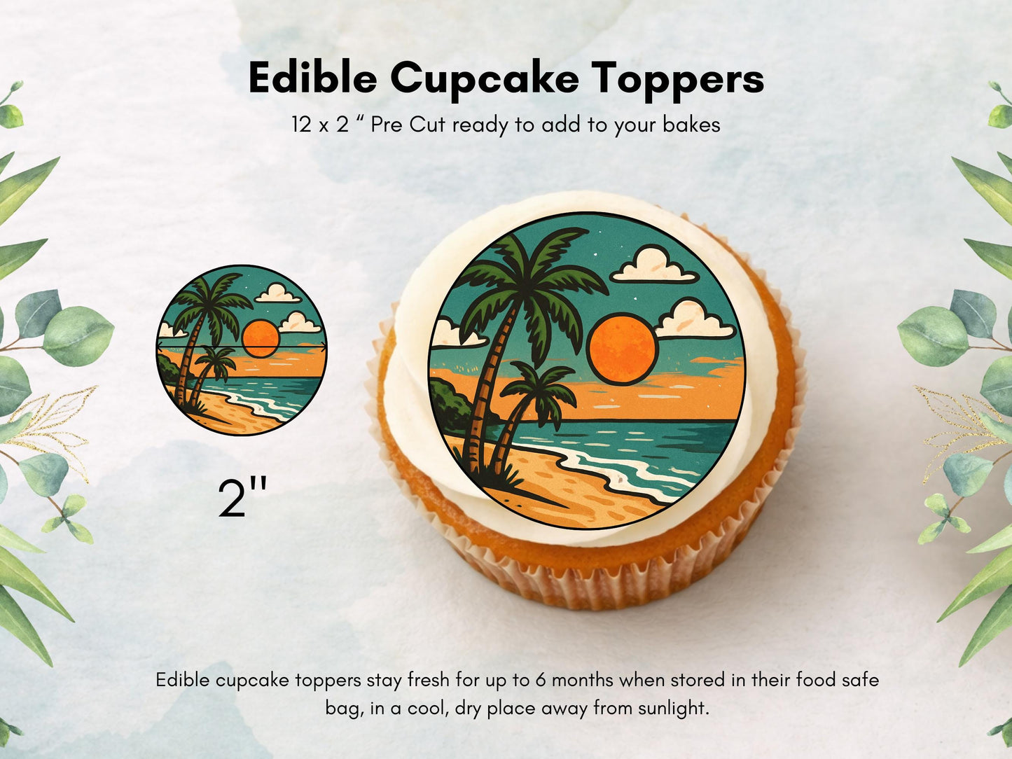 Tropical Beach Edible Cupcake Toppers – Coastal Cake Images