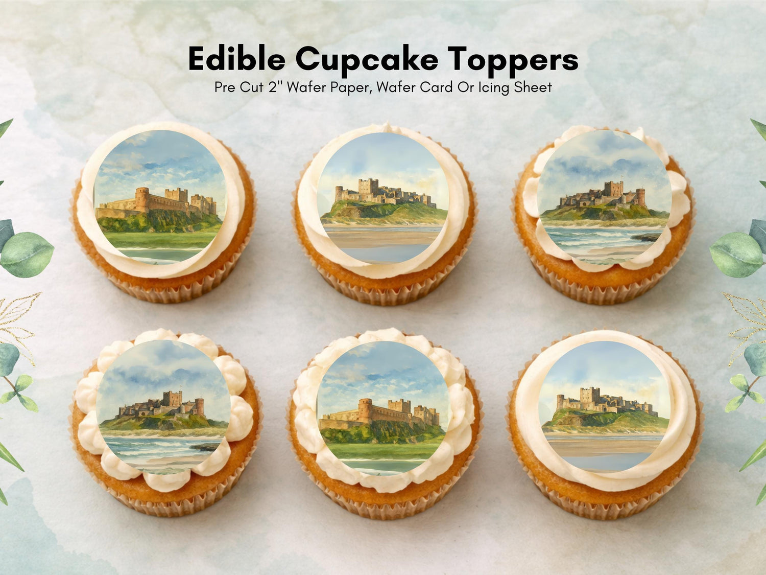 Bamburgh Castle Edible Cupcake Toppers – UK Travel Gift (Wafer Paper)