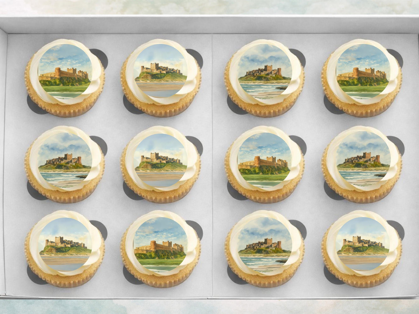 Bamburgh Castle Edible Cupcake Toppers – UK Travel Gift (Wafer Paper)